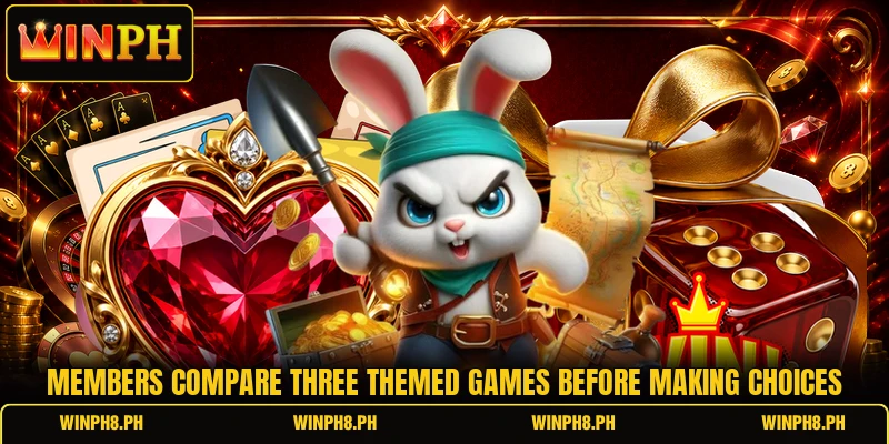 Members compare three themed games before making choices Members compare three themed games before making choices